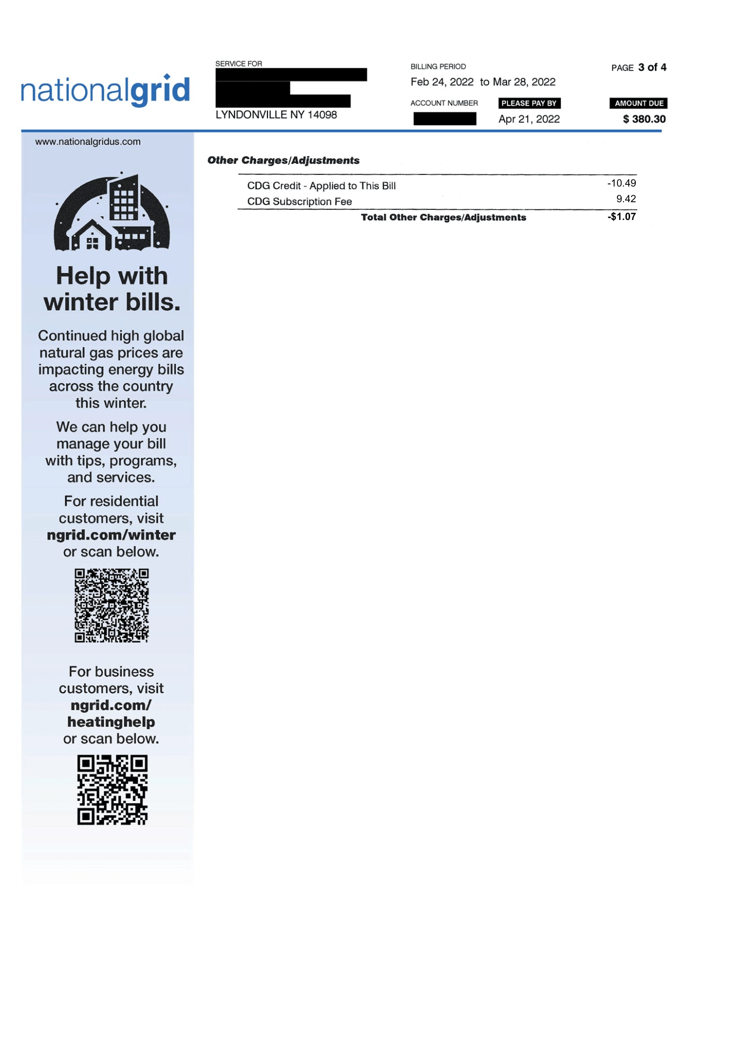 Example of National Grid bill with community solar credits applied